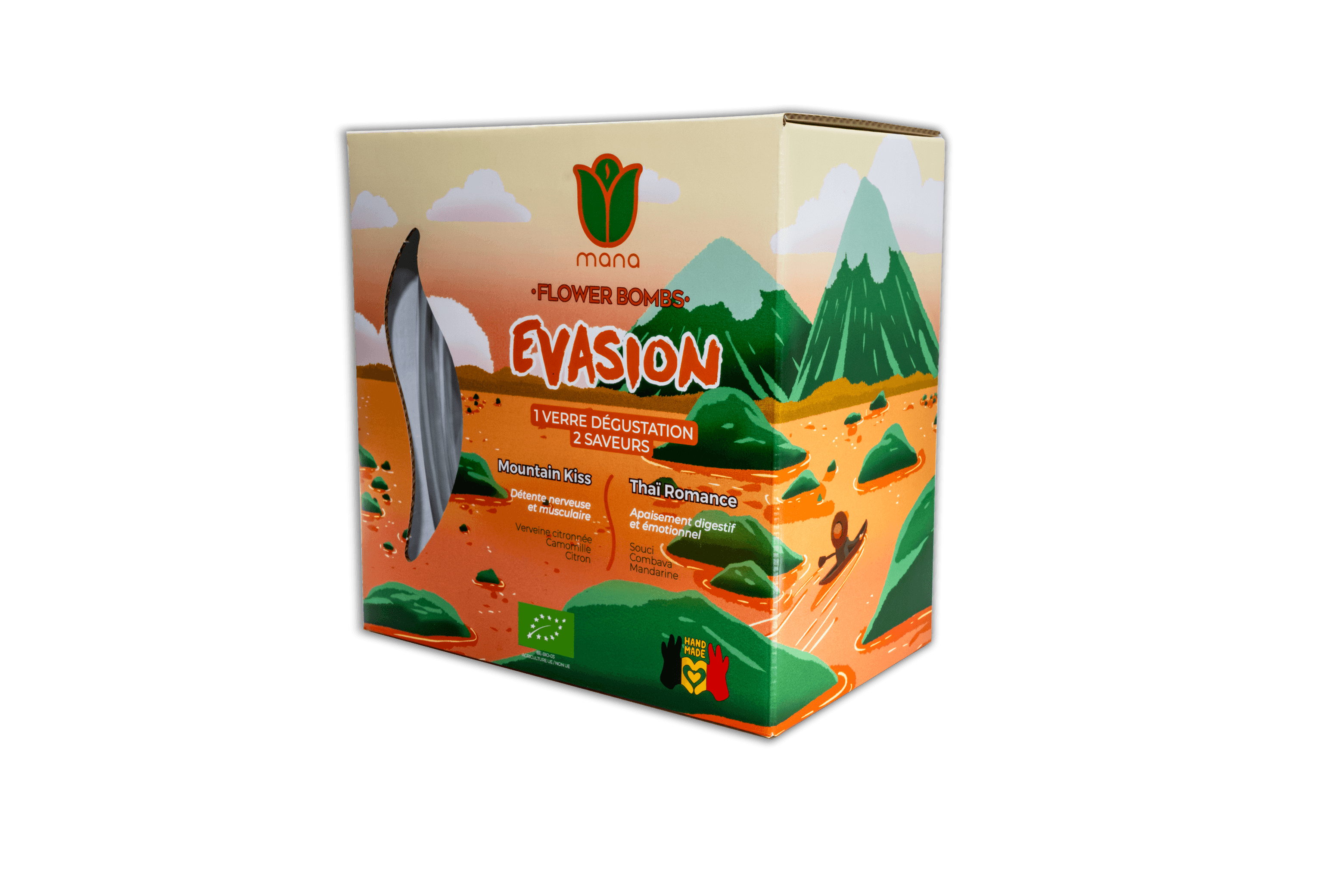 Coffret cadeau Evasion - 2 sachets tisanes flower bombs BIO + verre - Mana