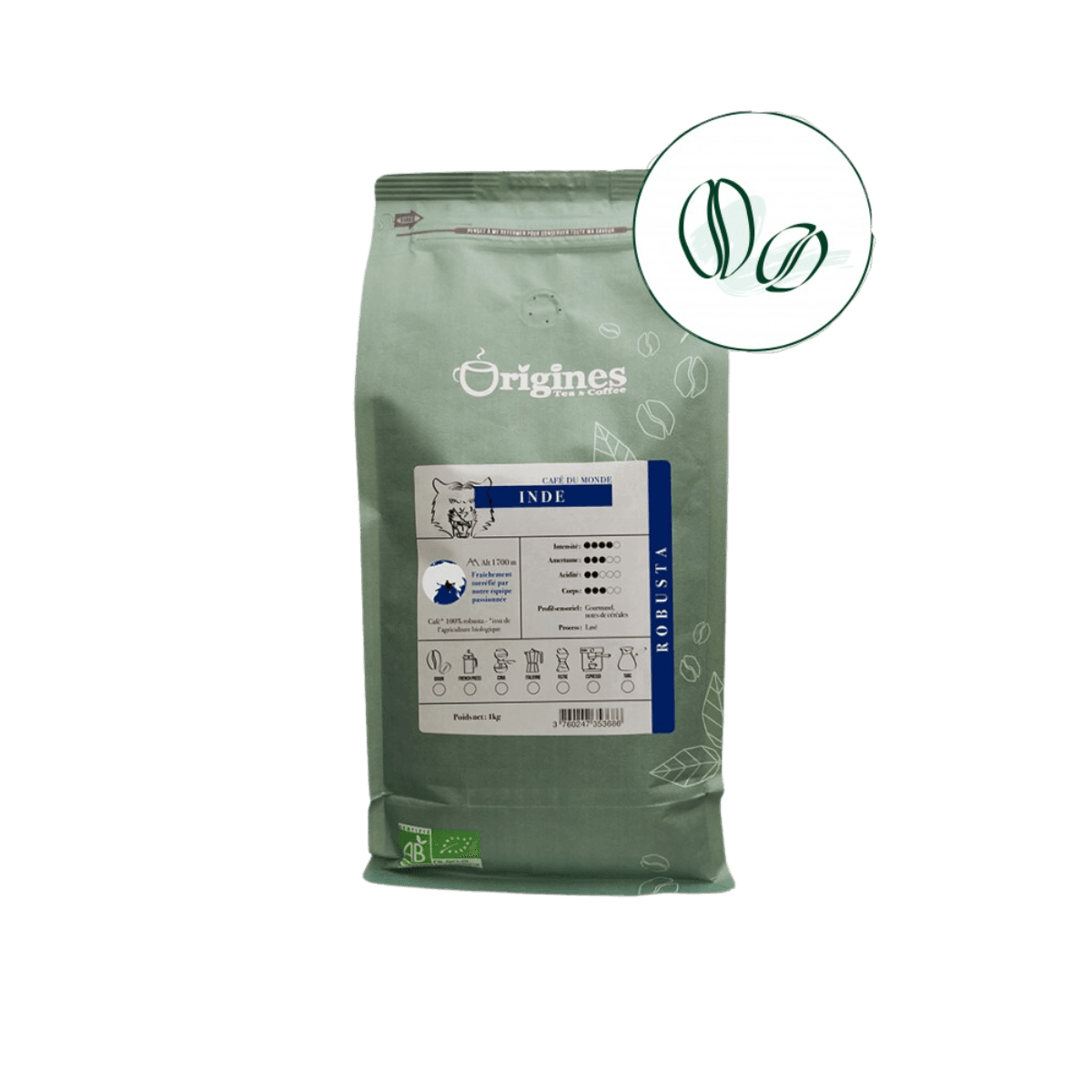 Café Inde BIO - Pur Robusta - Grains 1kg - Origines Coffee