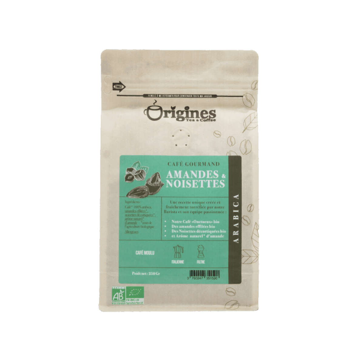 Café Amandes et Noisettes Gourmand BIO - Moulu 200g - Origines Coffee