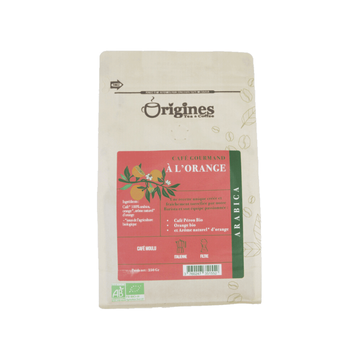 Café aromatisé Orange Gourmand BIO - Moulu 250g - Origines Coffee