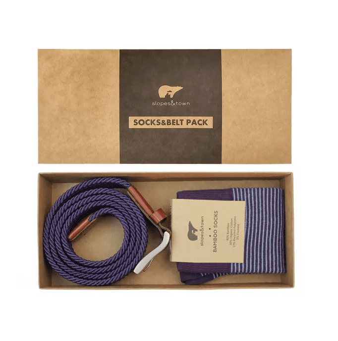 Coffret cadeau ceinture Bruce 105cm et chaussettes à rayures violettes 42-46 - Slopes & Town