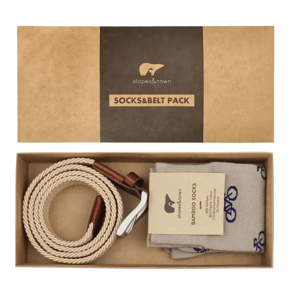 Coffret cadeau ceinture John 105cm et chaussettes Sand Colour et Blue Bicycles 42-46 - Slopes & Town