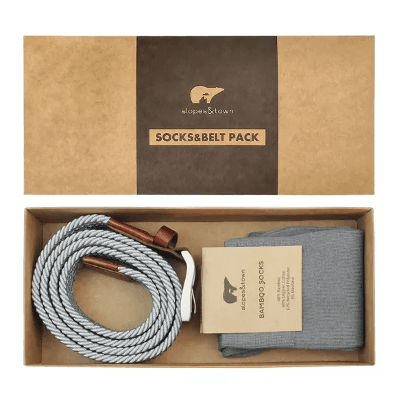 Coffret Cadeau Ceinture Paul 105cm et Chaussettes Grises Unies 42-46 - Slopes & Town