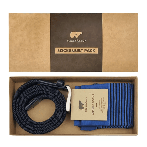 Coffret cadeau ceinture Trent 105cm et chaussettes à rayures bleu cobalt 42-46 - Slopes & Town